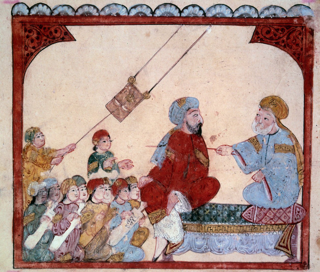 The Wandering Navigator Abu-Zayd (Abu Zayd, Abu Zayd) Miniaturelærer fra "" Maqamat"" (Seances) af Abu Mohammed al-Kasim ibn Ali Hariri (eller Al-Hariri eller Al Hariri) (1054-1122). Yahya Mahmud al-Wasiti (al-Wasiti) i 1237, Paris, Paris, f af Yahya ibn Mahmud Al Wasiti