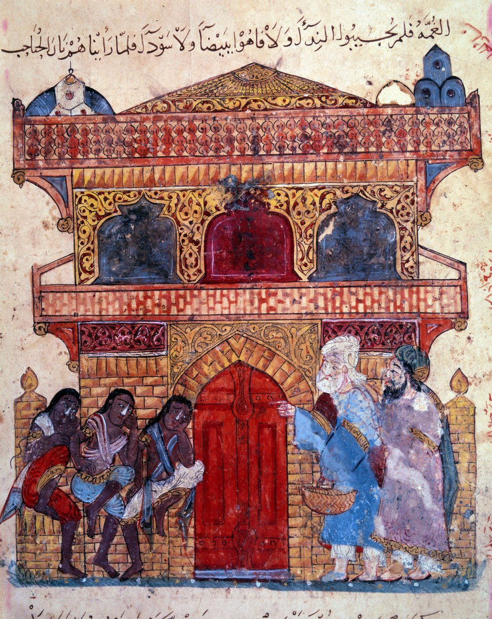 den borgerlige al-Harith (Al Harith), søn af Hammam, og den omvandrende navigatør Abu-Zayd (Abu Zayd).(eller Al-Hariri eller Al Hariri) (1054-1122) i Lumi af Yahya ibn Mahmud Al Wasiti