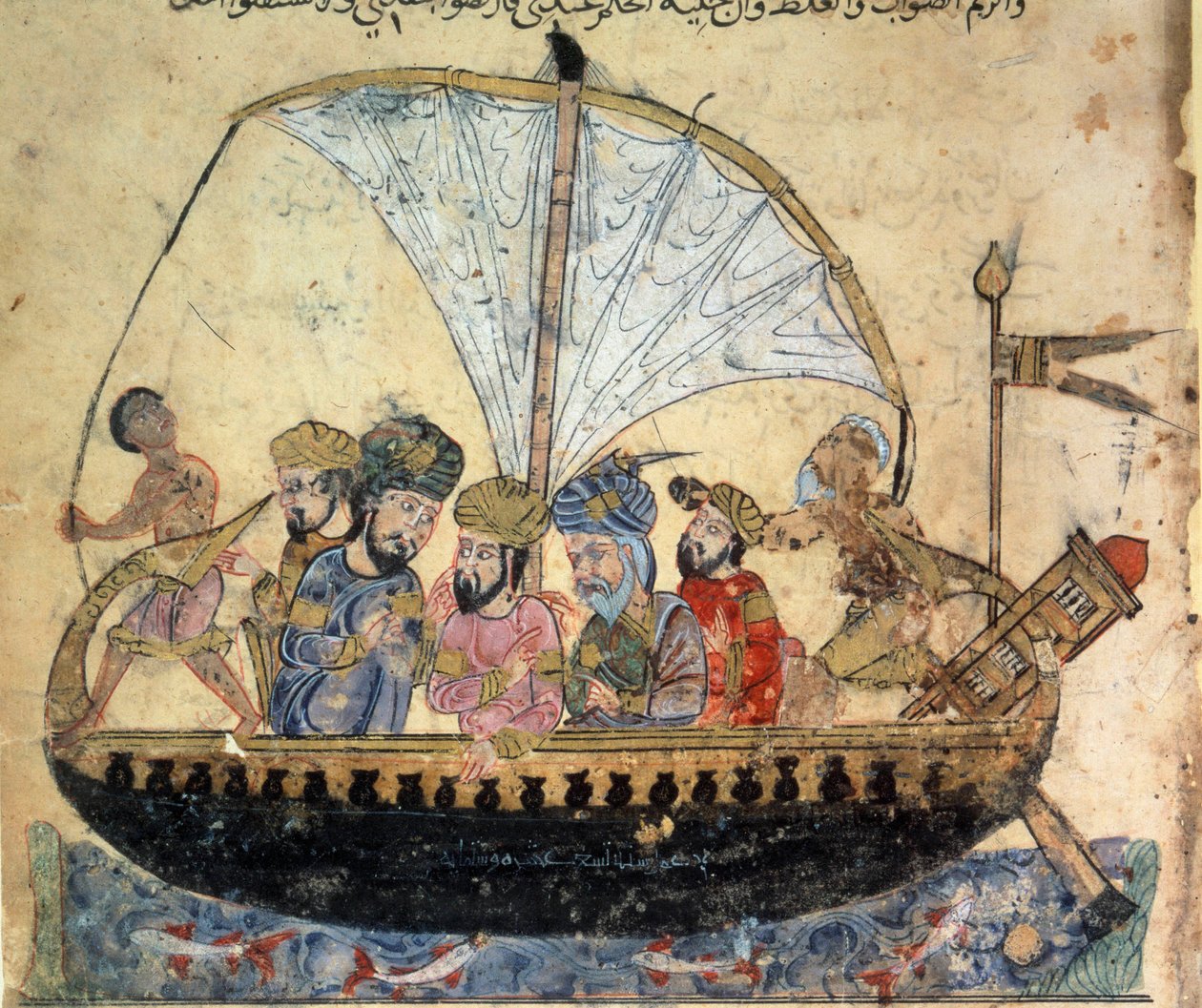 den borgerlige al-Harith (Al Harith), søn af Hammam, og den omvandrende navigatør Abu-Zayd (Abu Zayd) på en båd, der sejler på Eufrat-miniaturen fra "Maqamat" (Seancer) af Abu Mohammed al-Kasim ibn Ali Hariri (eller Al-Hariri eller Al Hariri) (1054-1122) a af Yahya ibn Mahmud Al Wasiti