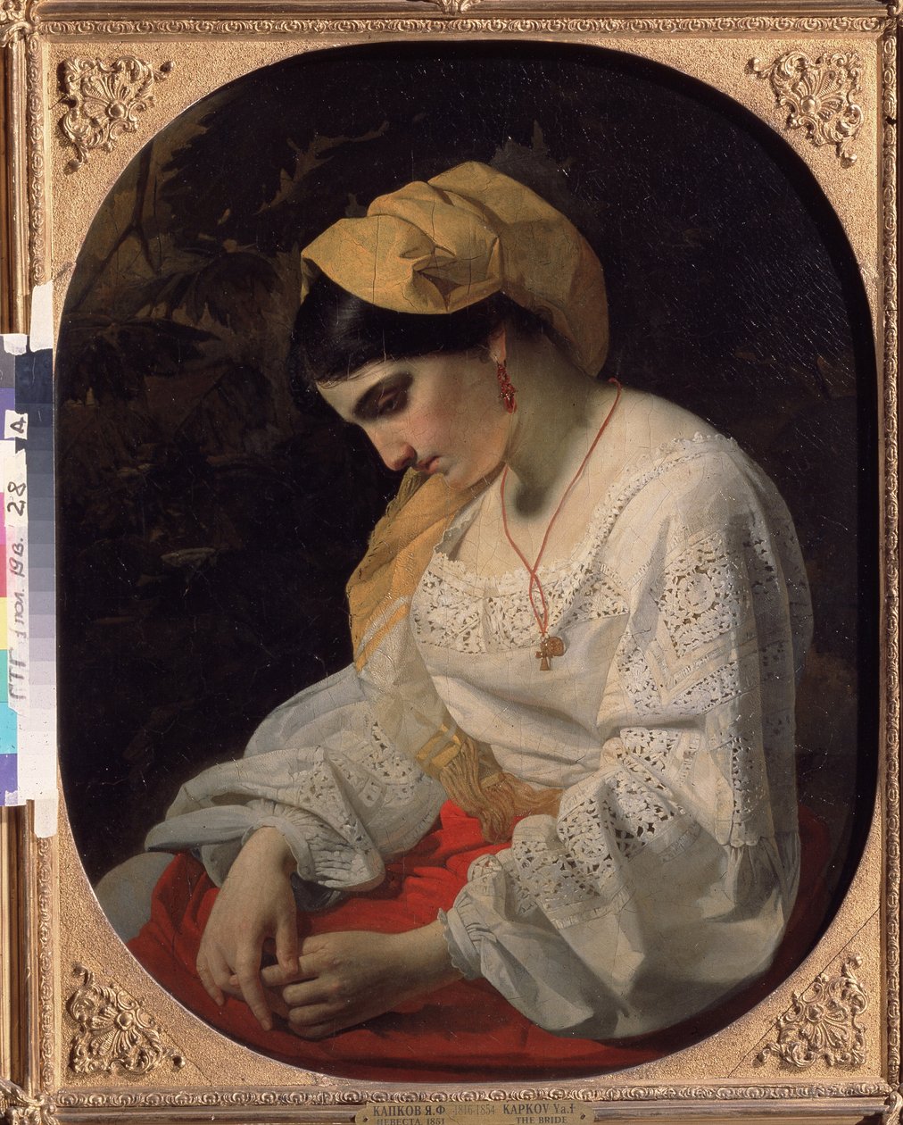 En ung brud (A Bride). Profilportræt af en trist ung kvinde med et opgivende udtryk. Maleri af Yakov Fyodorovich Kapkov (1816-1854), olie på lærred af Yakov Fyodorovich Kapkov