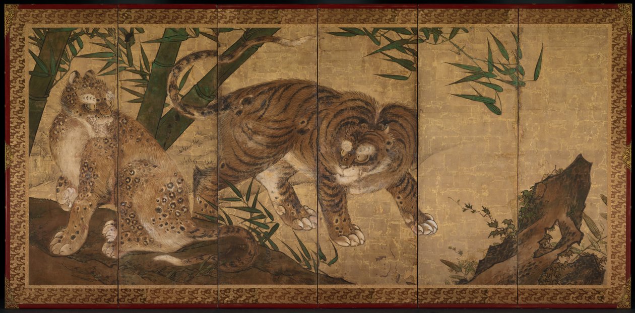 Løver og tigre i pæon og bambus af Yamaguchi Sekkei