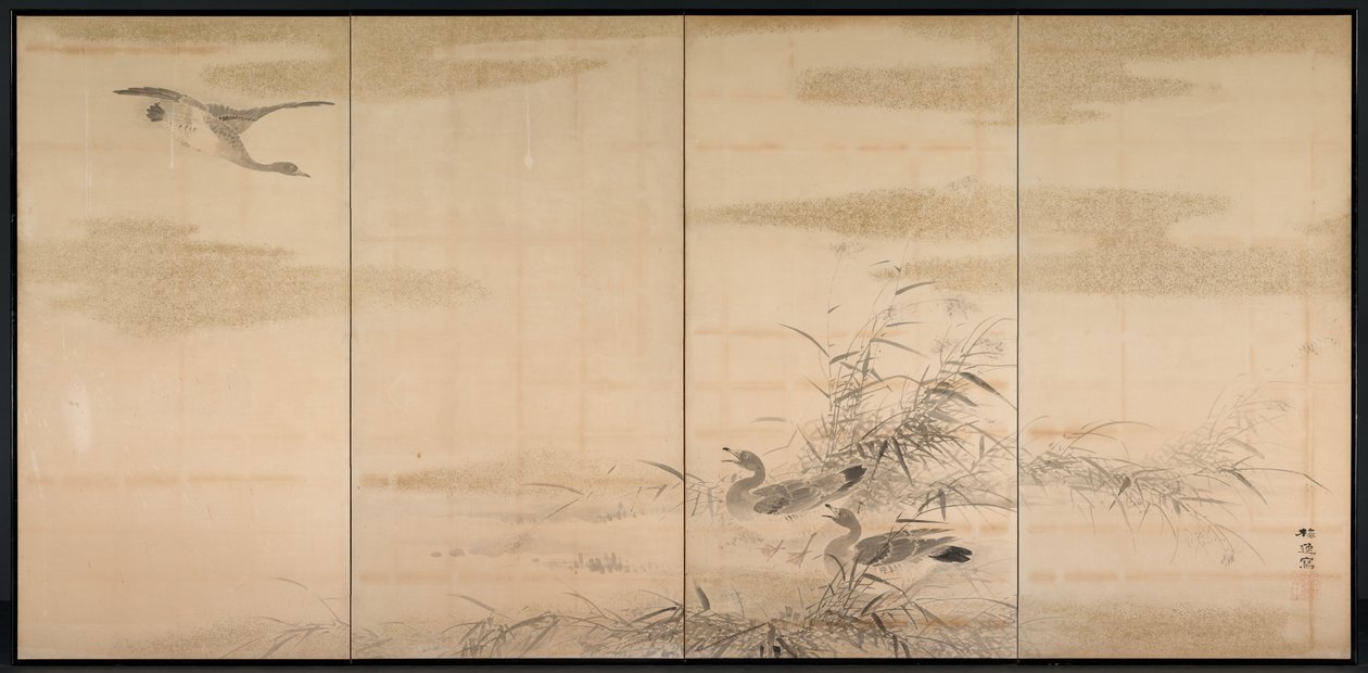 Gæs, rør og vand, 1800-tallet. af Yamamoto Baiitsu