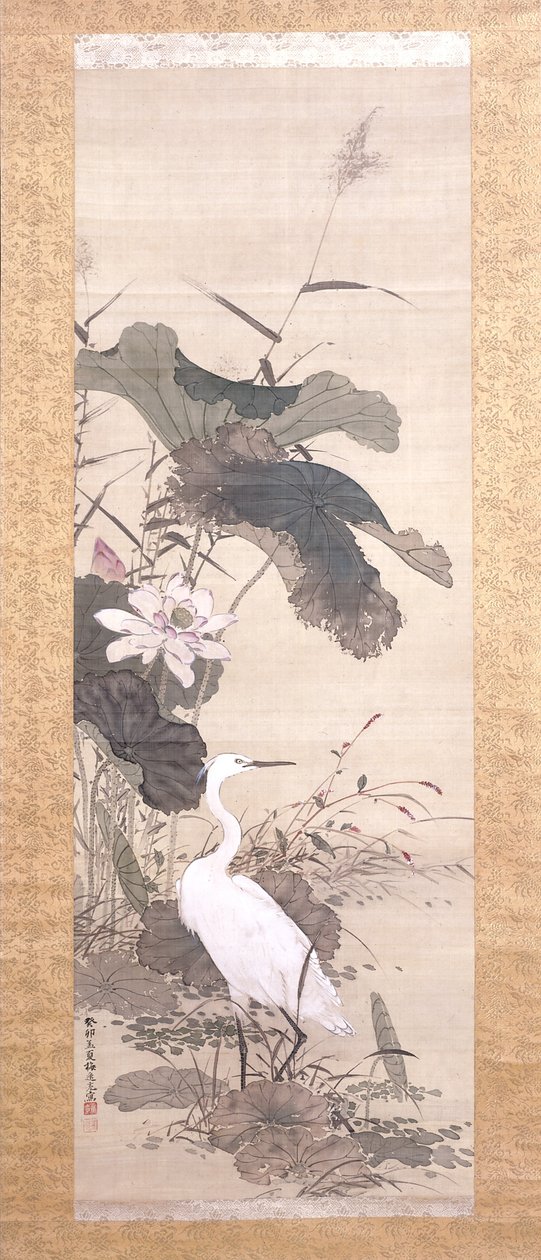 Lotus And Snowy Heron (blæk, farve, silke) af Yamamoto Baiitsu