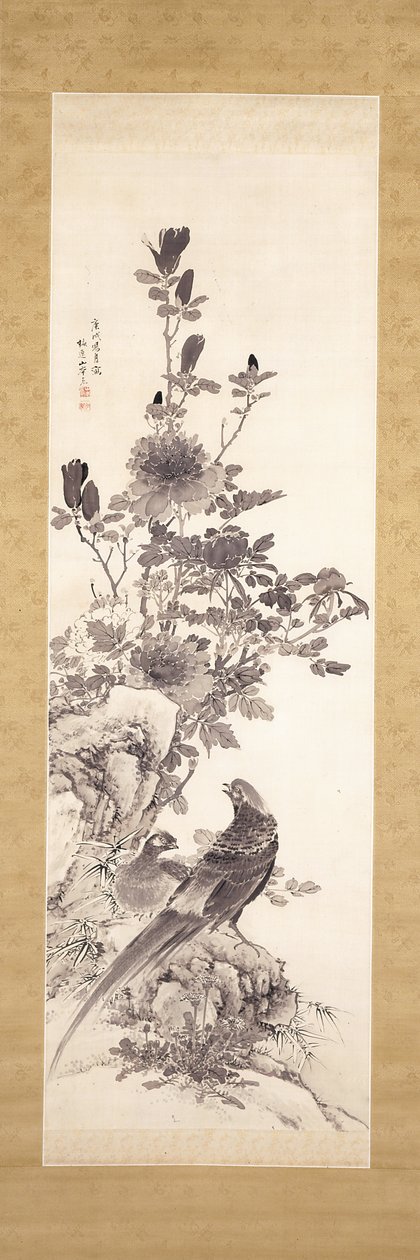 Pæoner og guldfasaner (blæk på silke) af Yamamoto Baiitsu