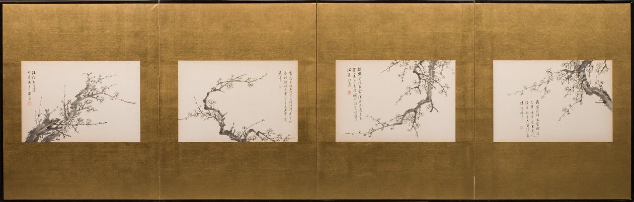 Prunusblomster, foldeskærm, Edo-perioden 1844 (blæk på papir) (se også 752778-82) af Yamamoto Baiitsu