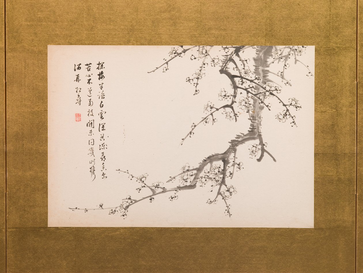 Prunusblomster, foldeskærm, panel 2 af 4, Edo-perioden 1844 (blæk på papir) (se også 752778-82) af Yamamoto Baiitsu