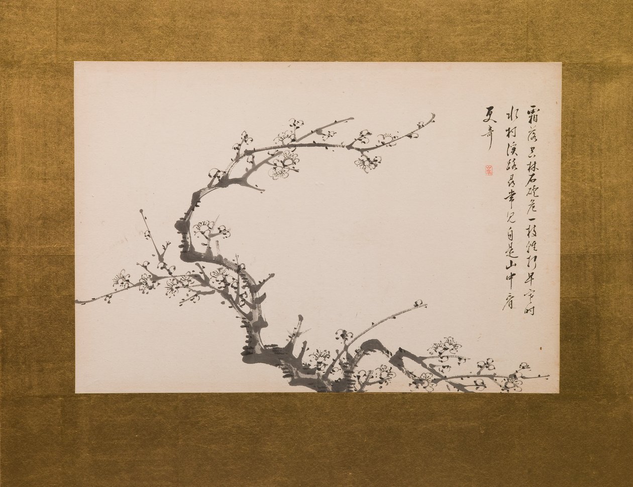 Prunusblomster, foldeskærm, panel 3 af 4, Edo-perioden 1844 (blæk på papir) (se også 752778-82) af Yamamoto Baiitsu