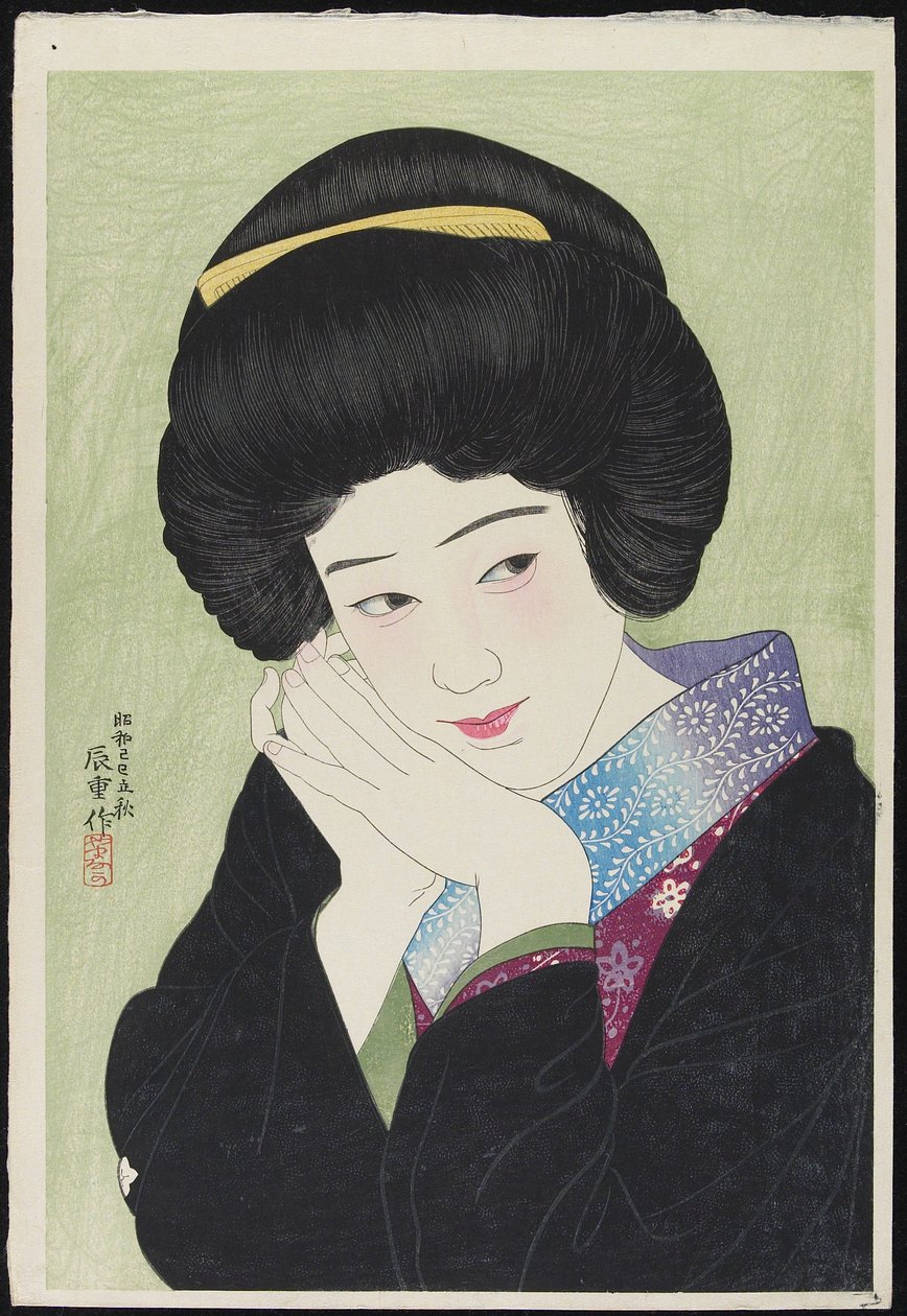 Skuespillerinden Sakai Yoneko, august 1929 (træblok i farver) af Yamanaka Kodo 1869 1945 Yamanaka Kodo 1869 1945