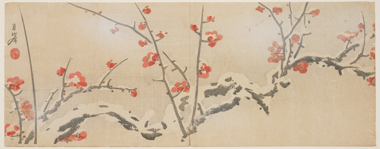 Blomstrende blommer i sne, ca. 1818-29 (farve-træsnit) af Yamaoka Gepp