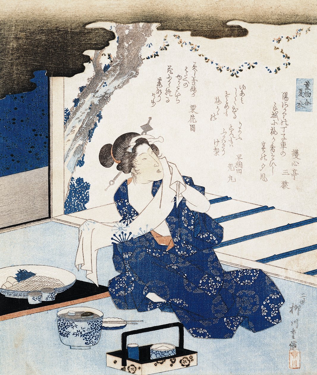 Courtesane iført yukata (blå og hvid bomuldskimono), vægpanel er dekoreret med digt af Yanagawa II Shigenobu