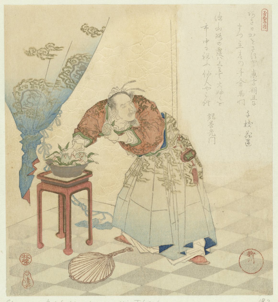 Tôbôsaku stjæler udødelighedsfersken Fem billeder om lang levetid (serietitel) Kotobuki goban no uchi (serietitel på objekt) af Yanagawa Shigenobu (I)