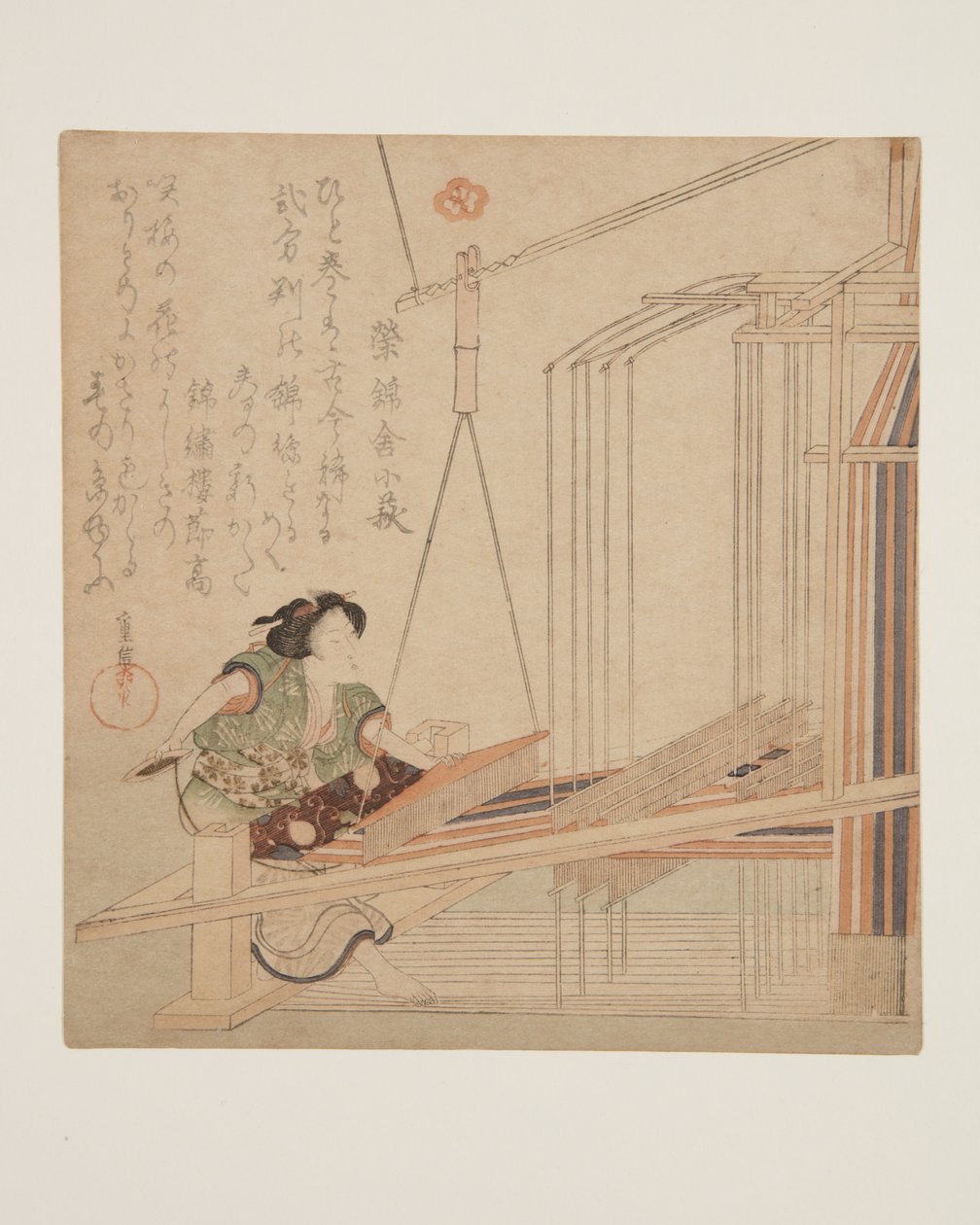 Kvinde, der væver ved en væv (træbloktryk i farver) af Yanagawa Shigenobu