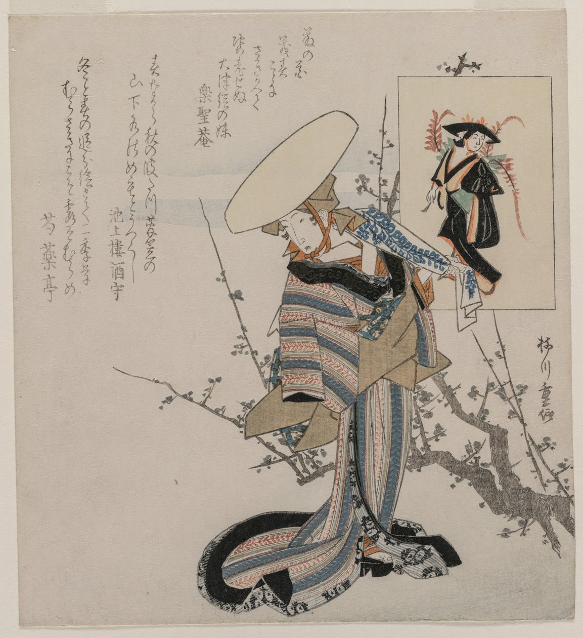 Kvinde ved et blommetræ matchet med Wisteria Maiden (fra en række kvinder sammenlignet med figurer fra Otsu-malerier) af Yanagawa Shigenobu