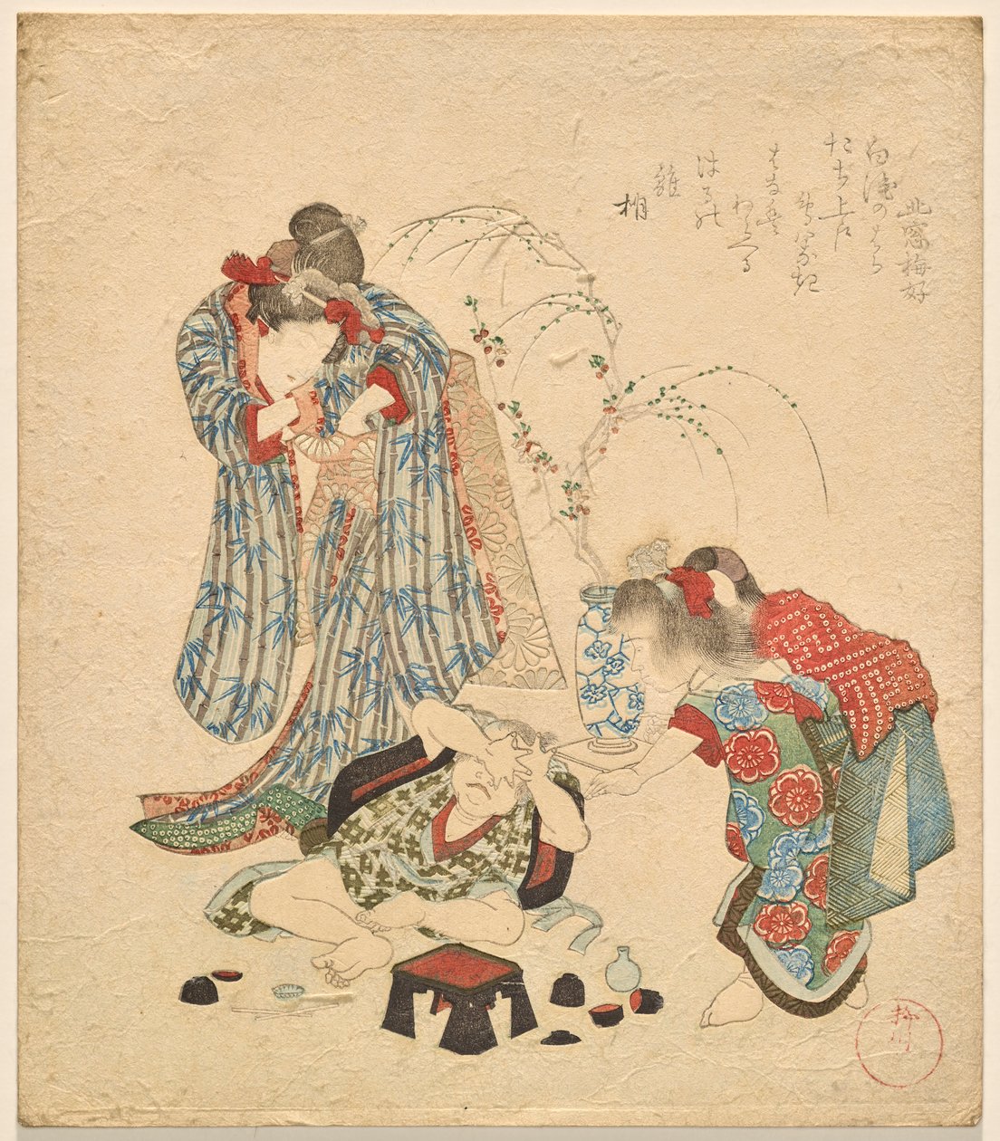 To piger med deres lillebror, der væltede sakesættet af Yanagawa Shigenobu II