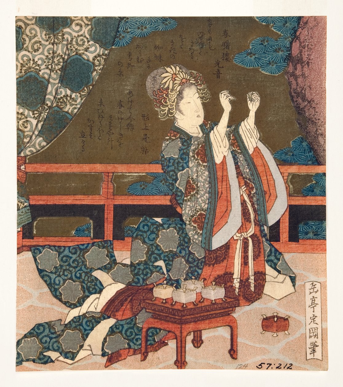 Kinesisk kvinde undersøger en tråd, 1823-25 (træblok) af Yashima Gakutei
