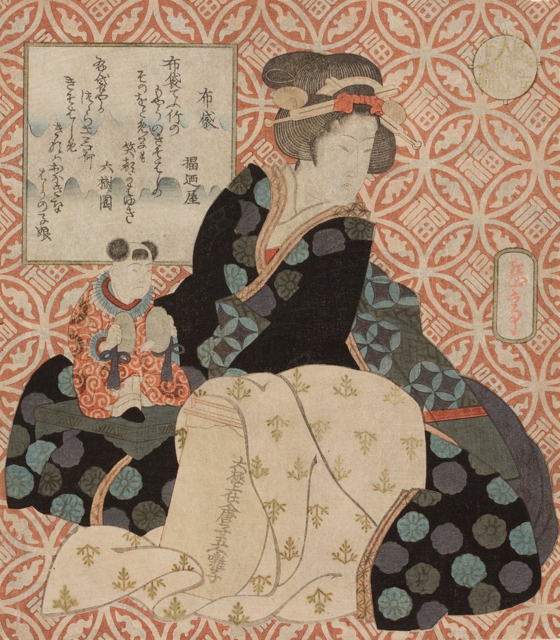 Siddende dame med en dreng af Yashima Gakutei