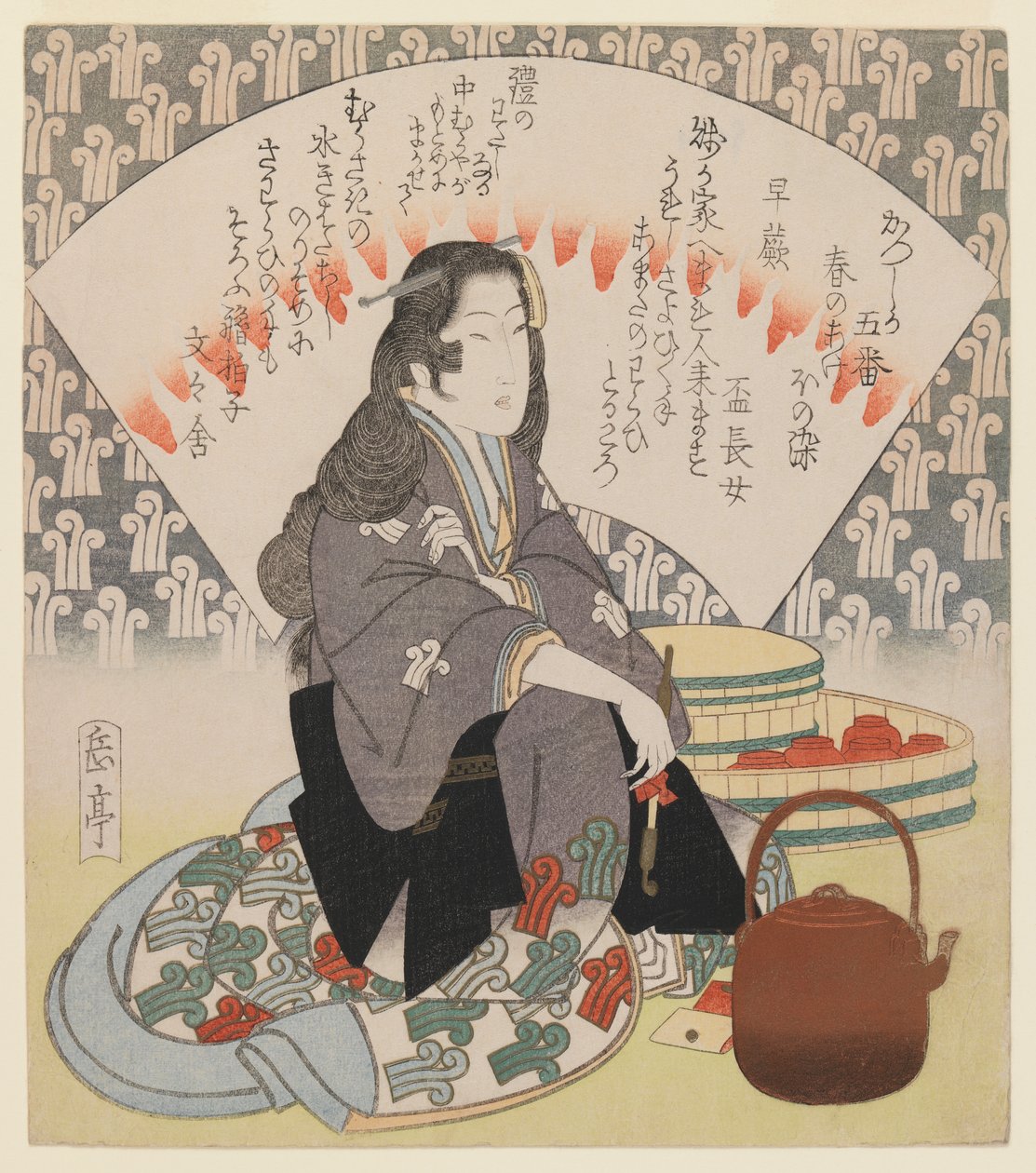 Servitrice og kobberkedel fra serien af 5 Surimono for Katsushika Poetry Club, ca. 1830 (træbloktryk, shikishiban-format, luksustryk med omfattende metaller) af Yashima Gakutei