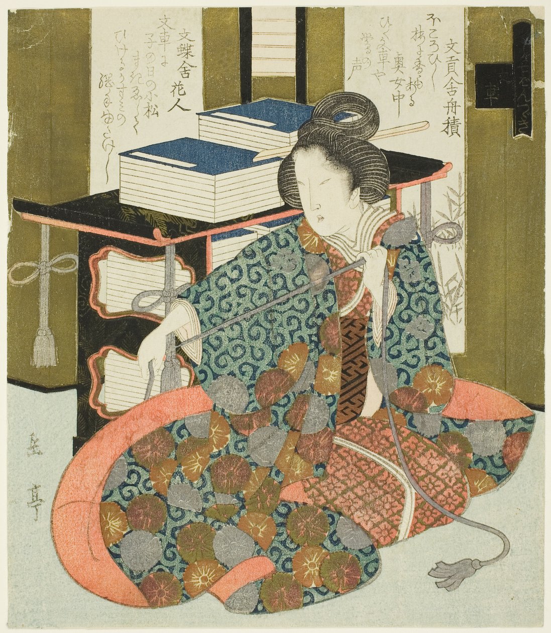 En kvinde trækker i snoren af en bogetui med hjul, fra serien "A Set of Seven for the Katsushika Club" af Yashima Gakutei