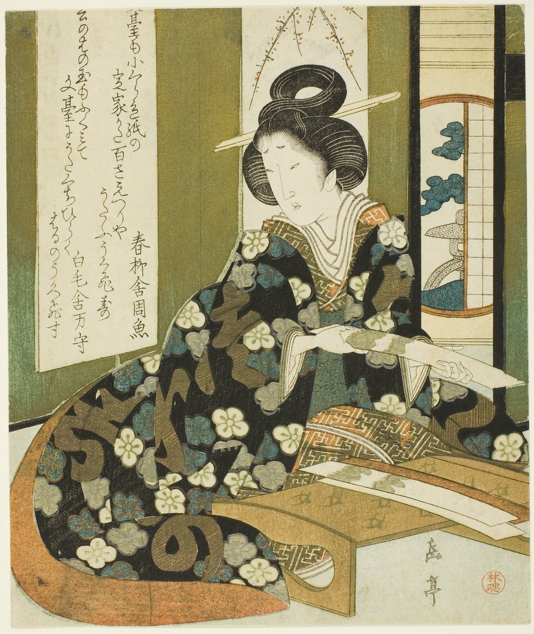 A Woman with a Poem Card, fra serien "A Set of Seven for the Katsushika Club" af Yashima Gakutei