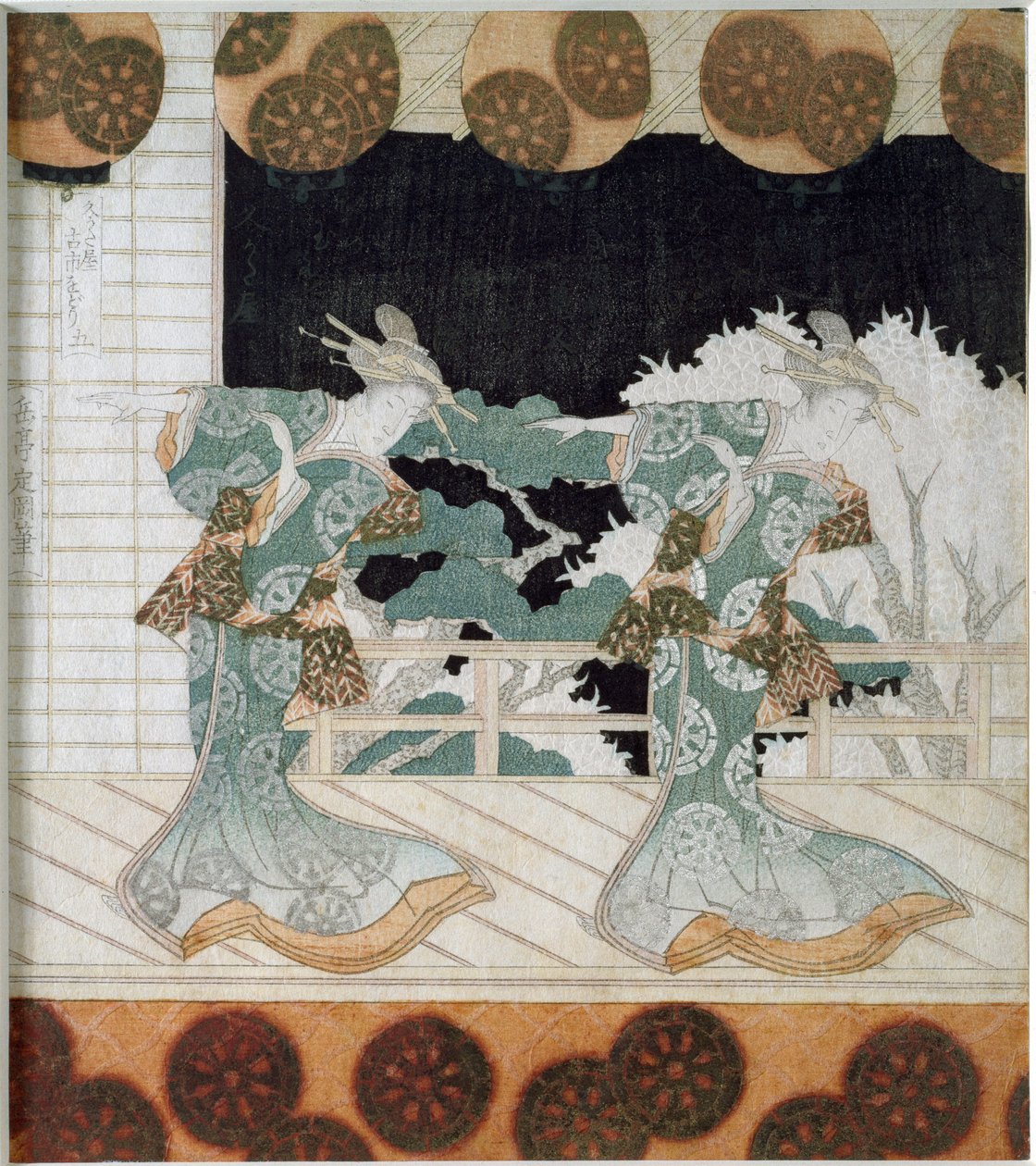 Dansere i traditionelt kostume på en scene Japansk tryk "Surimono" af Yashima Gakutei (1786-1868) 1822 Privat samling af Yashima Gakutei
