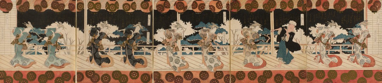 Dansende kurtisane og en mand (muligvis digter Hisakataya), To, fra pentapyk-serien "Furuichi Dance Performance (Furuichi odori)" til Hisakataya Poetry Club af Yashima Gakutei