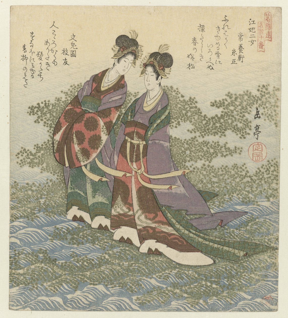 De to flodprinsesser Kôhi nijo (titel på objekt) En serie på ti tryk af berømte sange for Katsushika Poetry Society (serietitel) Katsushikaren meisû jûban (serietitel om objekt) af Yashima Gakutei