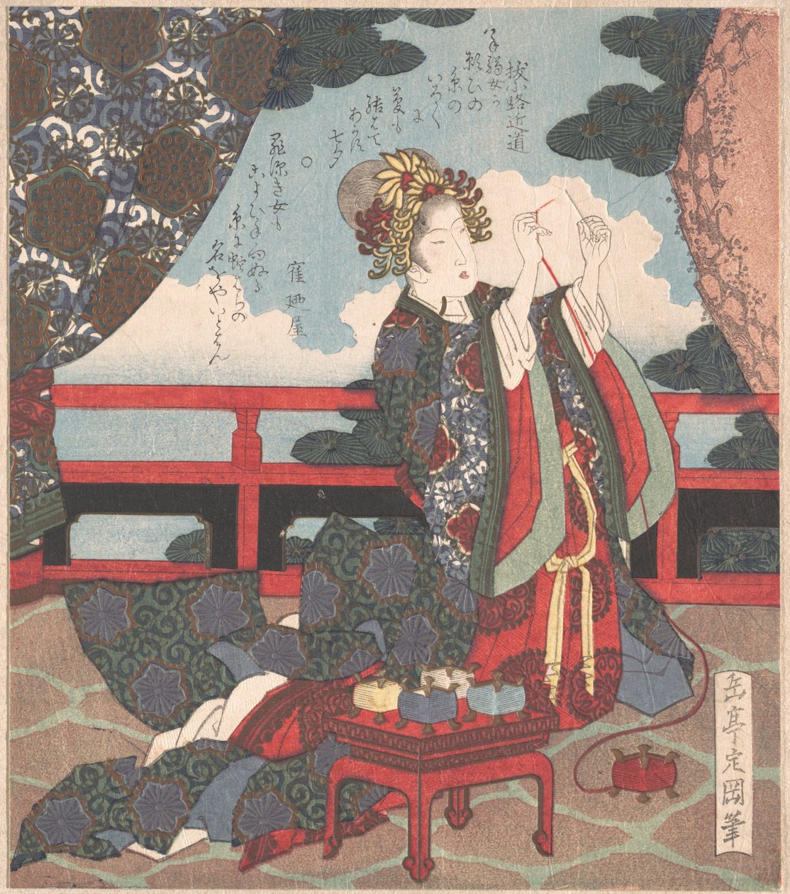En dame, der tråder en nål på verandaen af Yashima Gakutei