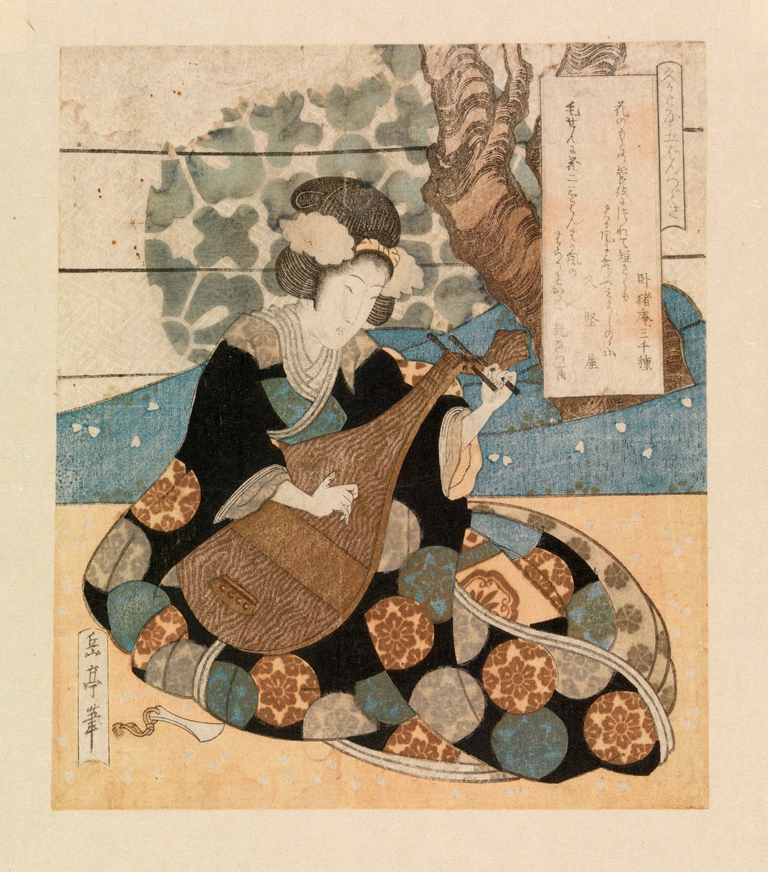 Dame, der spiller et instrument, ca. 1804-40 (farvetræsnit) af Yashima Gakutei