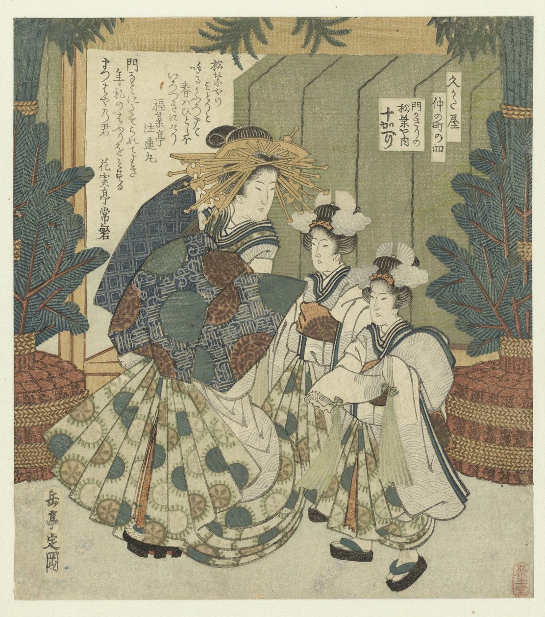 Nummer fire: Portdekorationerne fra Togaeri fra Matsubaya Yon - Kadokazara no Matsubaya uchi Togaeri The Nakanochô for Hisakataya Poetry Society (serietitel) Hisakataya Nakanochô (serietitel på objekt) af Yashima Gakutei