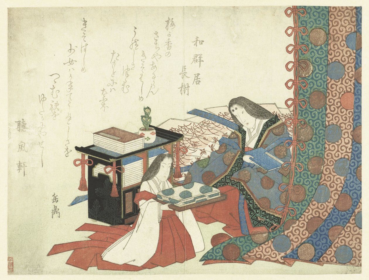 Page-girl tilbyder tøj til en dame af Yashima Gakutei