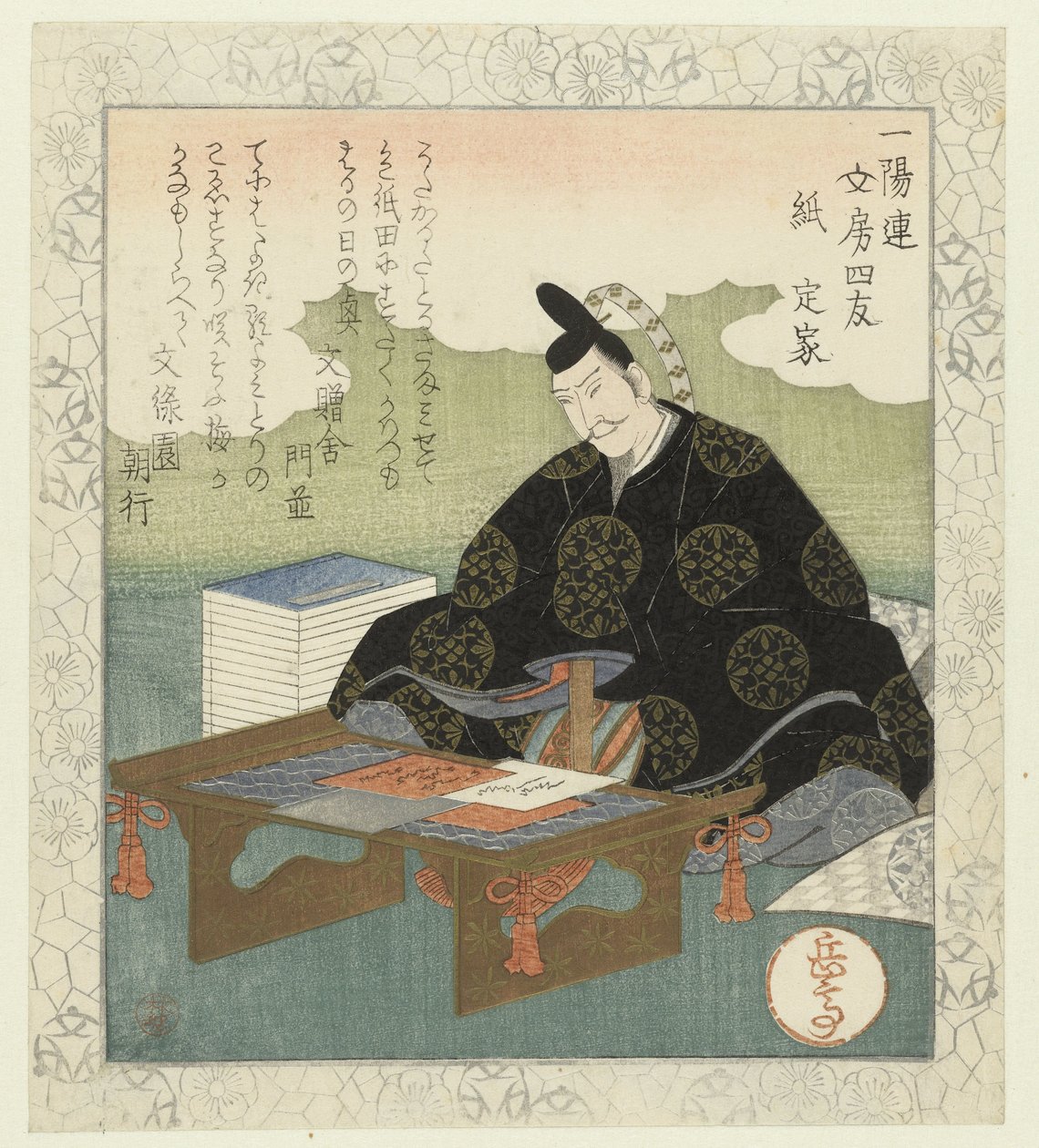 Papir: Fujiwara no Sadaie Kami Sadie (titel på objekt) De fire kammerater fra Ichiyôrens skrivepult (serietitel) Ichiyôren bunbô shiyû (serietitel på objekt) af Yashima Gakutei