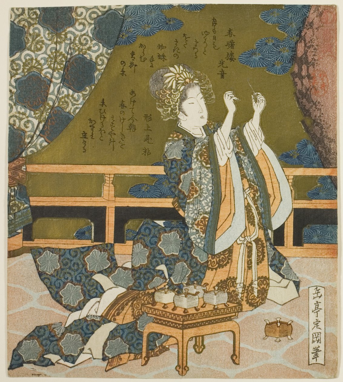 To kinesiske kvinder undersøger tråd og et edderkoppesvæv i en æske, fra serien "Diptych for the Drum Group" af Yashima Gakutei