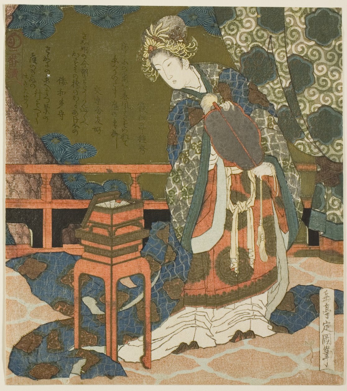 To kinesiske kvinder undersøger tråd og et edderkoppesvæv i en æske, fra serien "Diptych for the Drum Group" af Yashima Gakutei