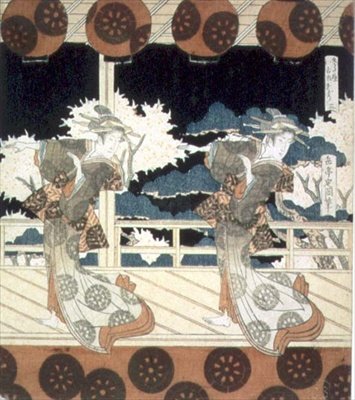 To dansere optræder på scenen fra The Dance at Furuichi for Hisakataya Group-serien, ca. 1822 (blæk) af Yashima Gakutei