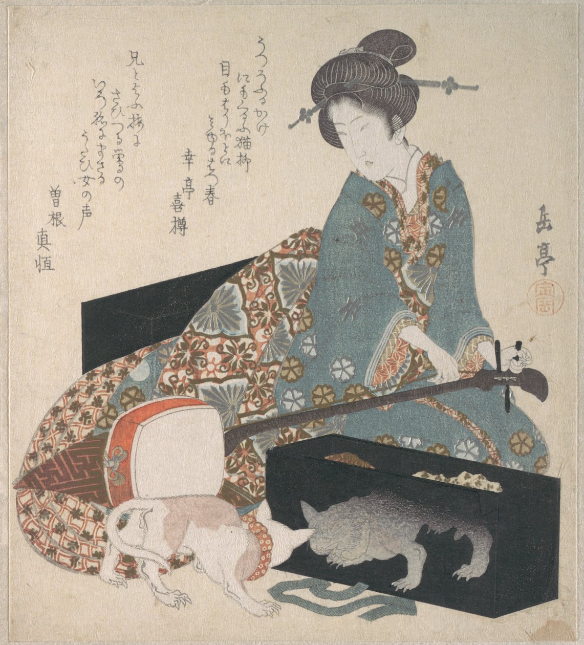 Kvinde, der stemmer en shamisen, og en kat, der ser på sit eget spejlbillede af Yashima Gakutei