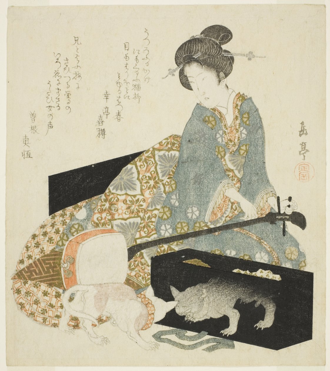 Kvinde med Shamisen og kat af Yashima Gakutei