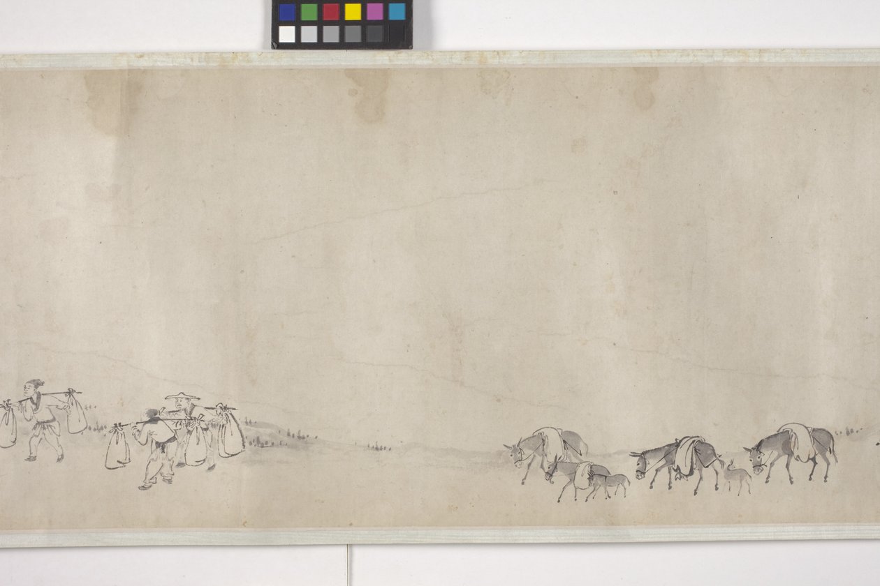 Et hundrede æsler, der transporterer korn, håndrulle, ca. 1700 (blæk på papir) af Ye Yin
