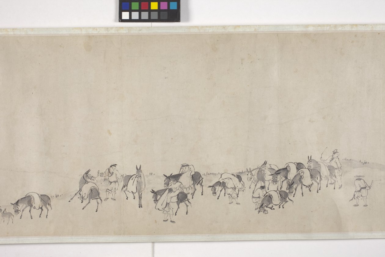 Et hundrede æsler, der transporterer korn, håndrulle, ca. 1700 (blæk på papir) af Ye Yin