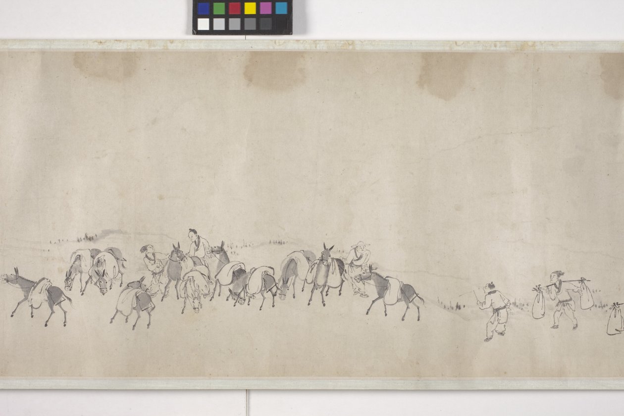 Et hundrede æsler, der transporterer korn, håndrulle, ca. 1700 (blæk på papir) af Ye Yin