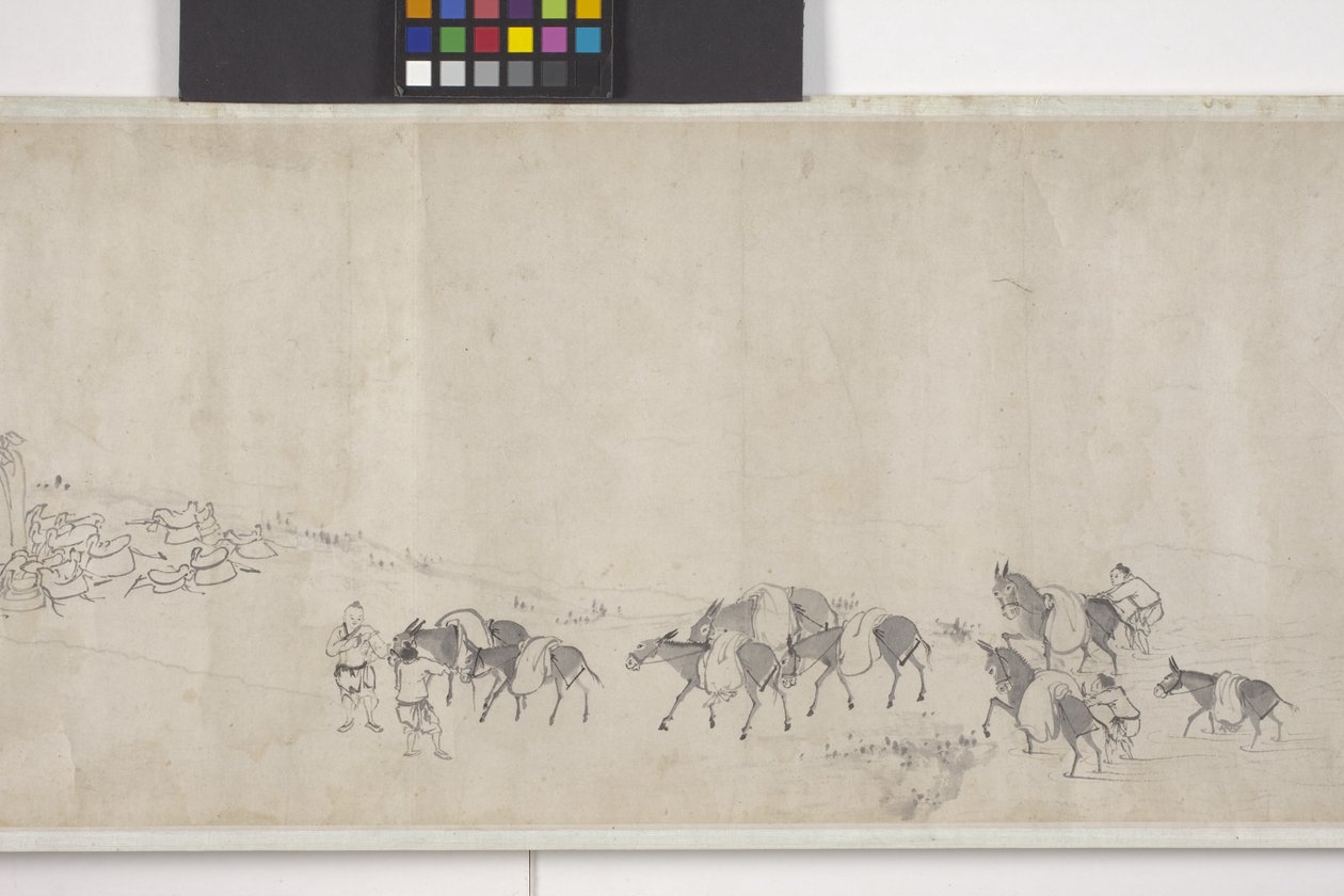 Et hundrede æsler, der transporterer korn, håndrulle, ca. 1700 (blæk på papir) af Ye Yin