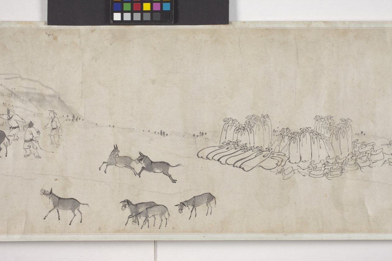 Et hundrede æsler, der transporterer korn, håndrulle, ca. 1700 (blæk på papir) af Ye Yin