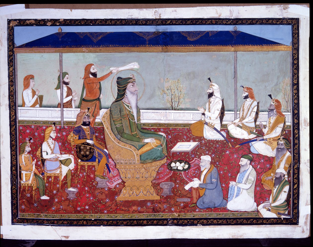 Ranjit Singh på sin gyldne trone, ca. 1830 (ugennemsigtig akvarel og guld på papir) af Yechu Mussavir