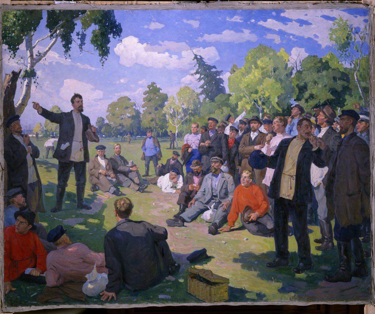 Arbejdernes dag 1. i 1891 (maj i 1891). Hviledag og indsamling af arbejdere i en solrig park. Maleri af Yefim Mikhailovich Tcheptsov (1875-1950), olie på lærred 1935. Sovjetisk kunst fra det 20. århundrede. Det russiske statsmuseum, Saint af Yefim Mikhailovich Tcheptsov