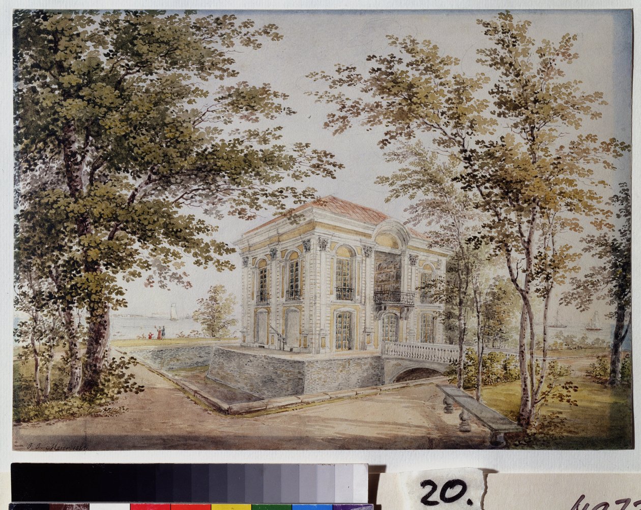 Eremitage-pavillonen i Peterhof. Denne pavillon, også kaldet nye Monplaisir, blev bygget i 1725 af arkitekten J. F. Braunstein. Værk af Yegor Yegorovich Meier (1822-1867), akvarel på papir, omkring 1850. Ar af Yegor Yegorovich Meier