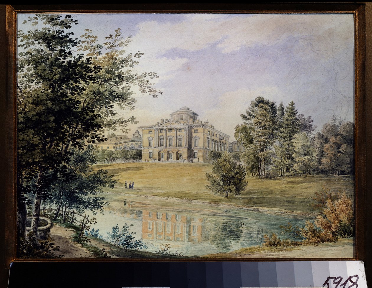 Udsigt over Pavlovsk-paladset (Sankt Petersborg). (Udsigt over Pavlovsk-paladset). Bygget mellem 1782 og 1786 af arkitekten Charles Cameron. Værk af Yegor Yegorovich Meier (1822-1867), akvarel på papir af Yegor Yegorovich Meier