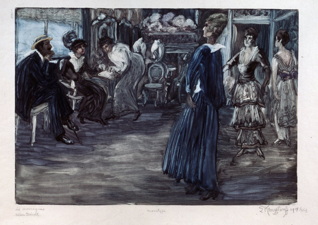Modeværksted (Modeværksted). Præsentationsrum for couture-modeller, kvinder paraderer foran et par i et privat rum. Værk af Yelisaveta (Elisabeth) Sergeyevna Kruglikova (Elizaveta Sergeevna Krouglikova) (1865-1941), monotypi af Yelisaveta Sergeyevna Kruglikova