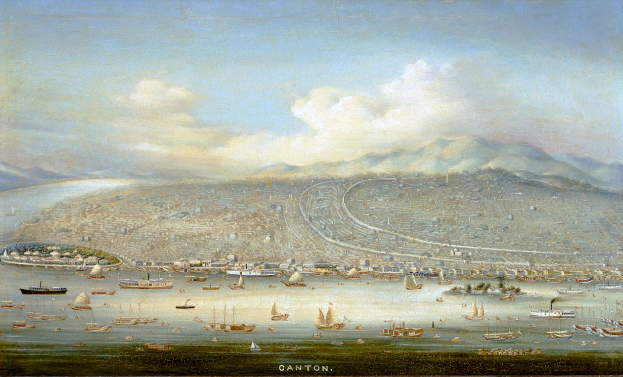 Udsigt over Canton med Shamian Island i 1865, ca. 1880 (olie på panel) af Yichang Yichang