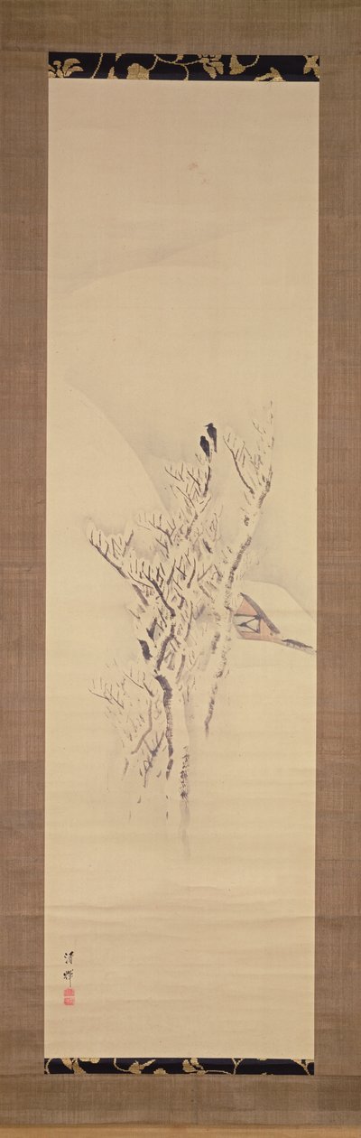 Snelandskab med krager i træ, ca. 1820-50 (blæk og farver på papir) af Yokoyama Seiki