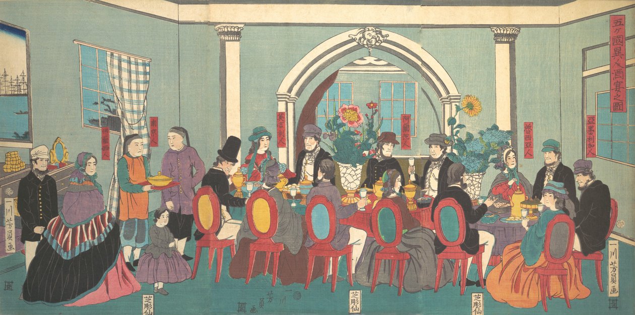 Udlændinge fra de fem nationer nyder en banket, 3. måned, 1861. af Yoshikazu