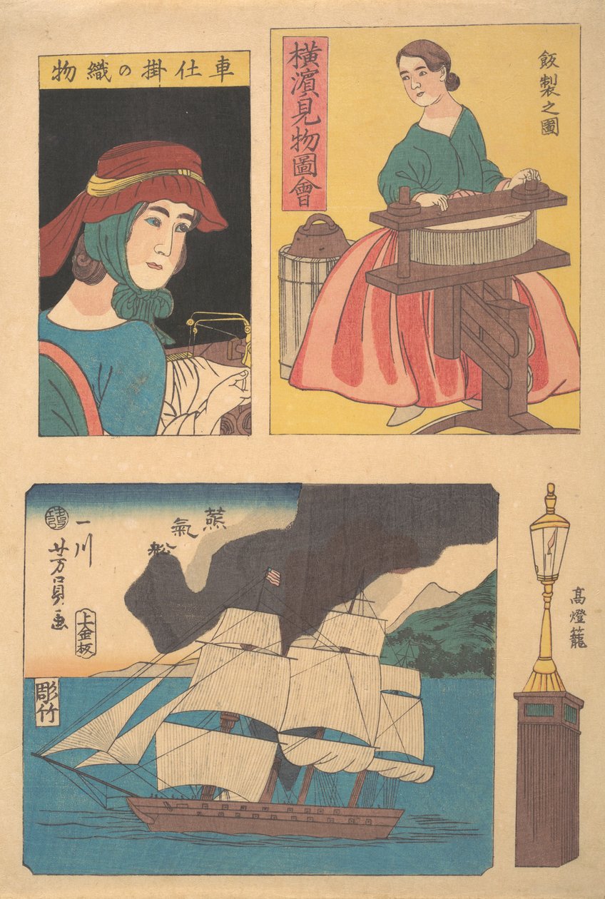 Billede af Seværdigheder i Yokohama: Kvinde med en vrider, lygtepæl, en dampbåd på ..., 11. måned, 1860. af Yoshikazu